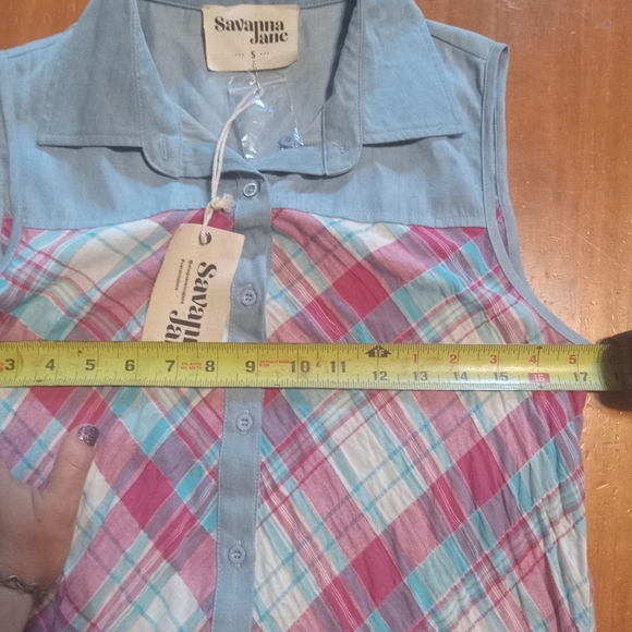 Savanna Jane Pink Blue Button Down Shirt Plaid Embroidered Back Small Western - Picture 6 of 7